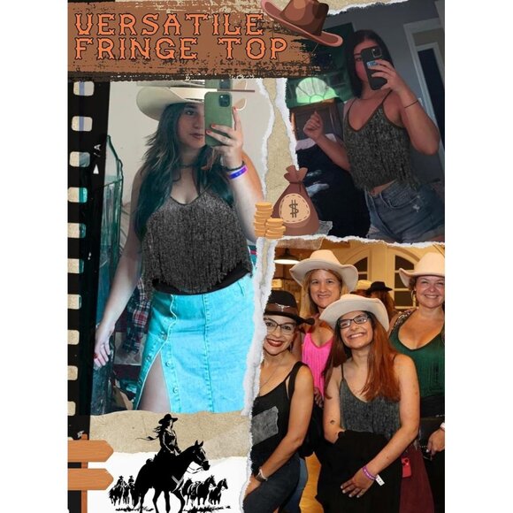 Women's Silver Black Fringe Tank Top Western Festival Clothing V Neck Outfits - Picture 5 of 6